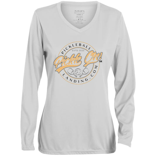 Women's Moisture-Wicking Long Sleeve Pickleball V-Neck Tee with Pickle On Print - White